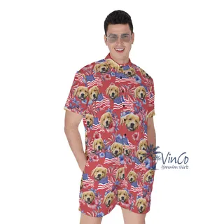 Funny Custom Dog Face Floral Patriotic Hawaiian Romper For Men