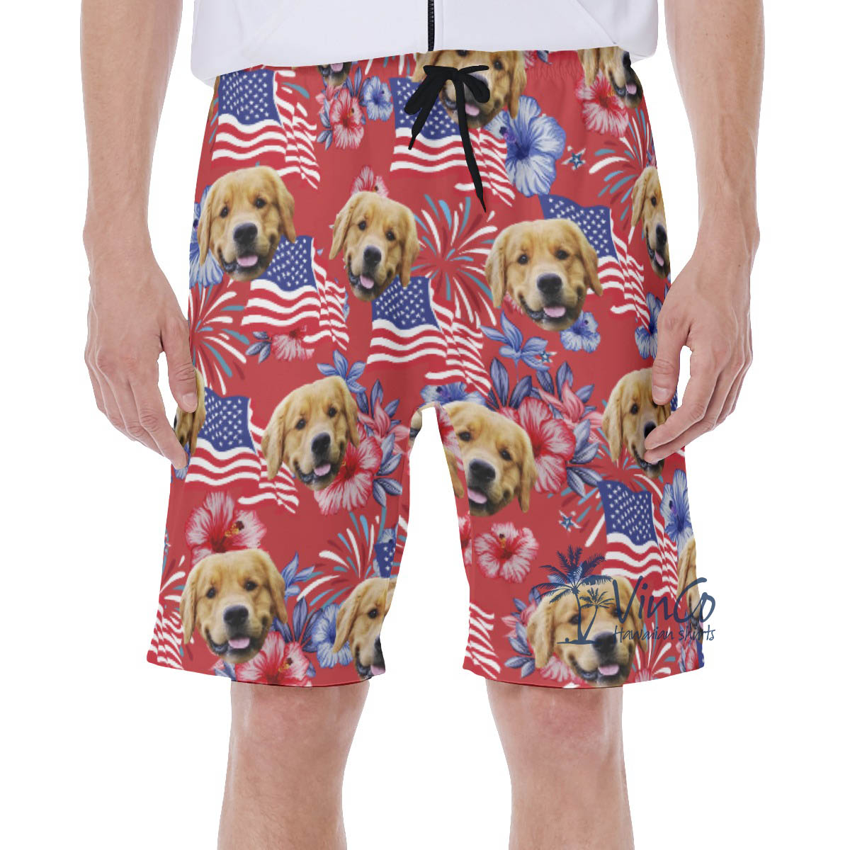 Funny American Flag Floral Patriotic Hawaiian Swim Trunks With Custom Dog Face - variant image 1