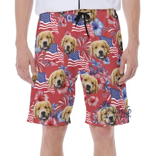 Funny American Flag Floral Patriotic Hawaiian Swim Trunks With Custom Dog Face