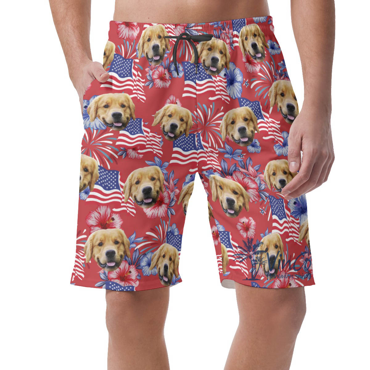 American Flag Floral Hawaiian Beach Shorts With Custom Dog Face - variant image 1