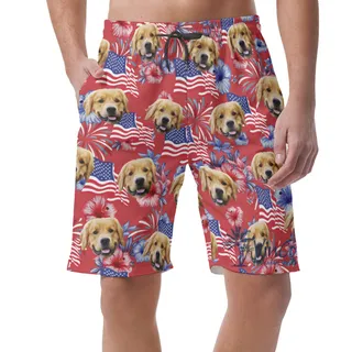 American Flag Floral Hawaiian Beach Shorts With Custom Dog Face