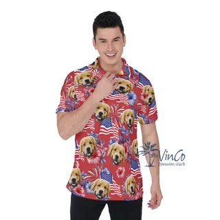 Custom Dog Face Floral Patriotic Red Hawaiian Polo Shirt For Men