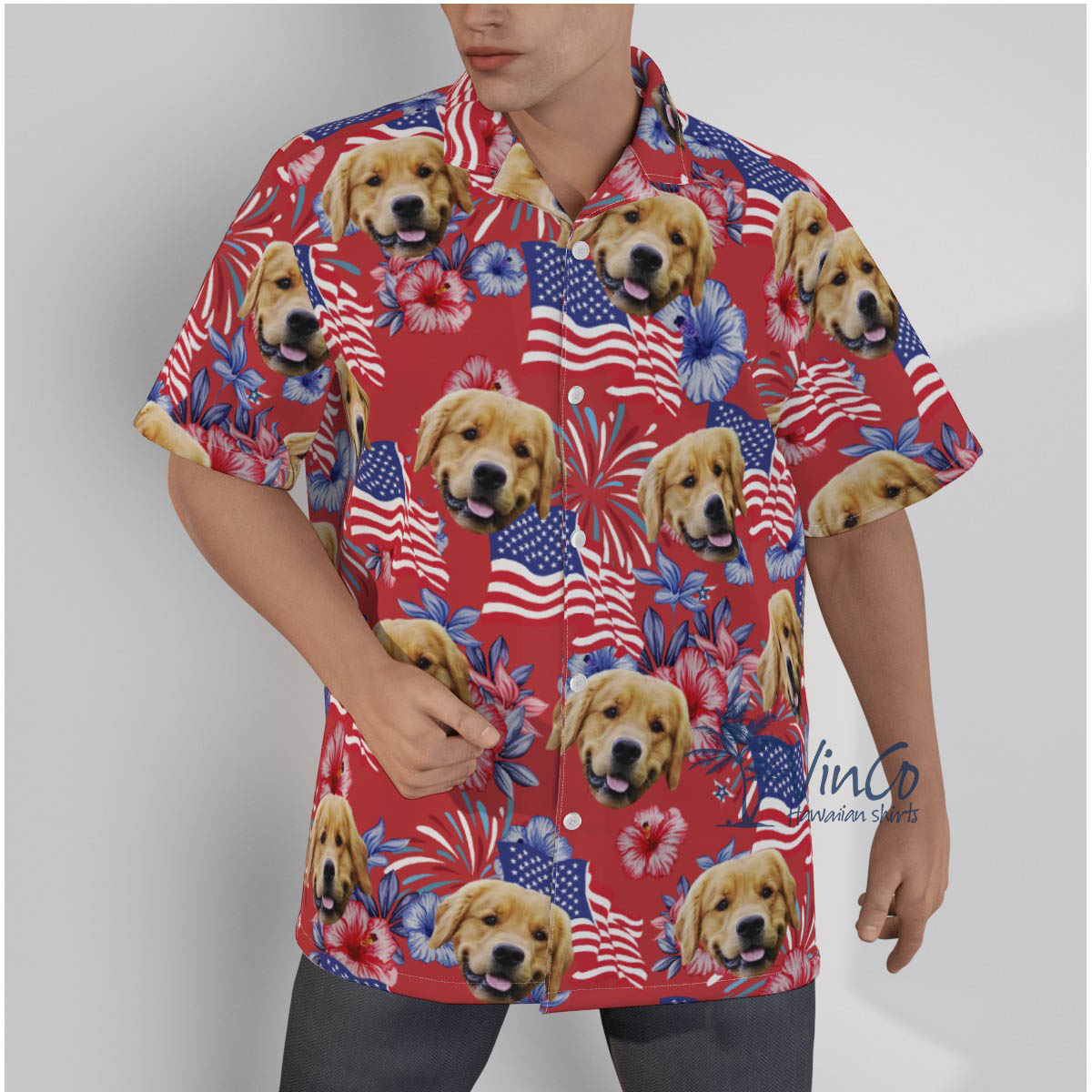 Funny Custom Dog Face 4th Of July Floral Red Hawaiian Shirt - variant image 1