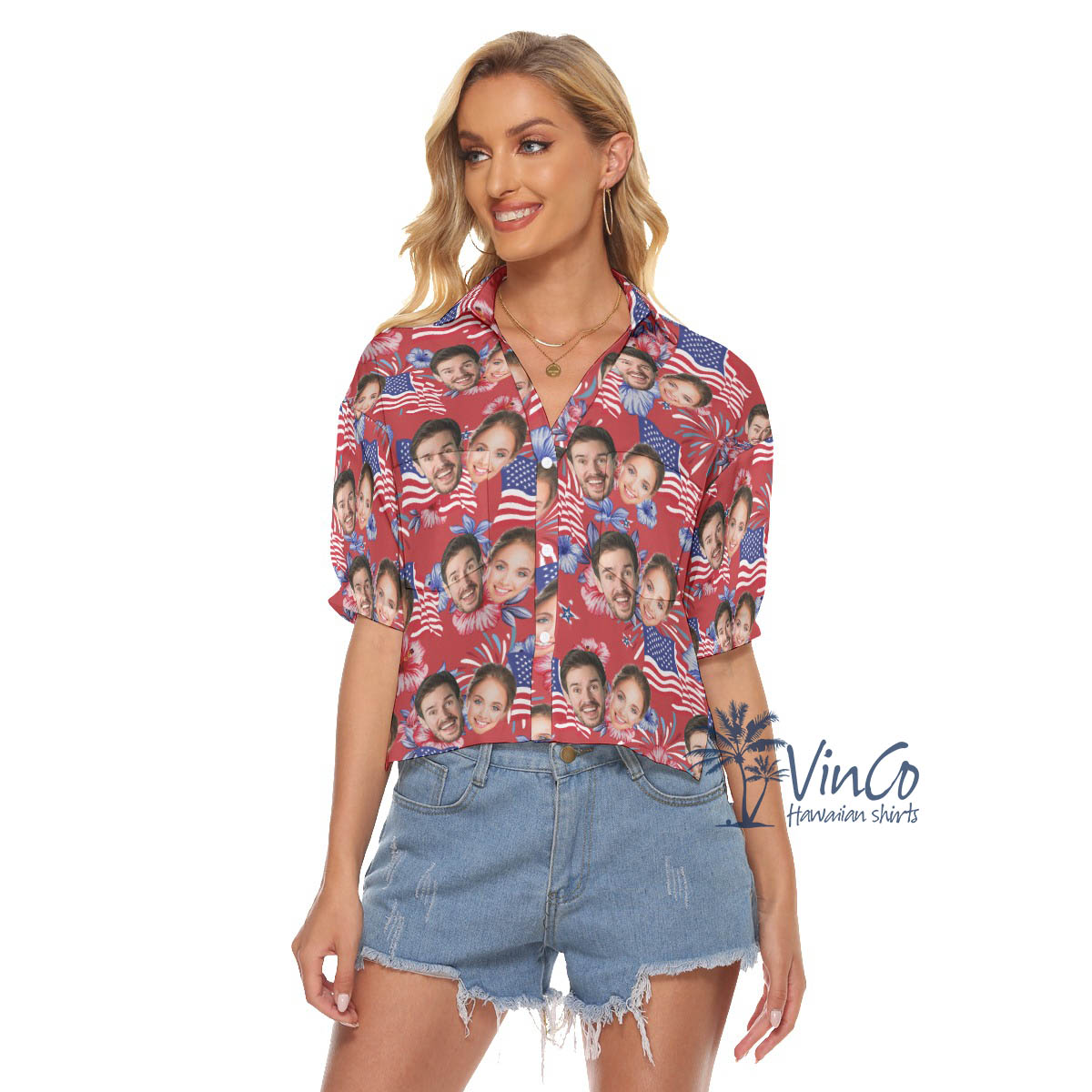 Floral American Flag Hawaiian Crop Top Shirt With Custom Multiple Faces - variant image 1