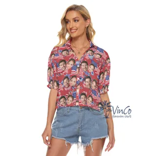 Floral American Flag Hawaiian Crop Top Shirt With Custom Multiple Faces
