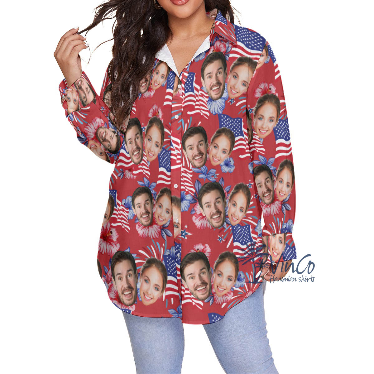 American Flag Patriotic Red Hawaiian Plus Size Shirt With Custol Multiple Faces - variant image 1
