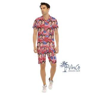 American Flag Firework Custom Face Hawaiian Shirt And Matching Shorts For Men