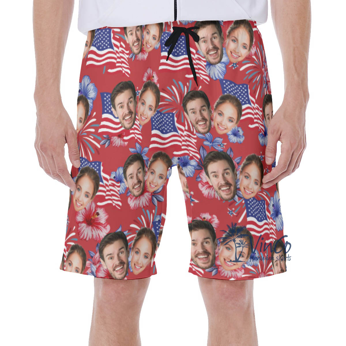 American Flag Custom Multiple Faces Floral Hawaiian Swim Trunks For Men - variant image 1
