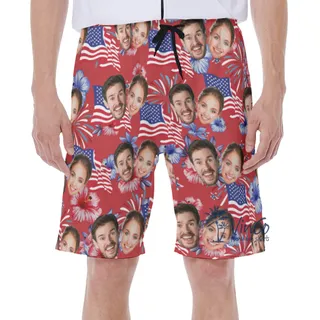 American Flag Custom Multiple Faces Floral Hawaiian Swim Trunks For Men