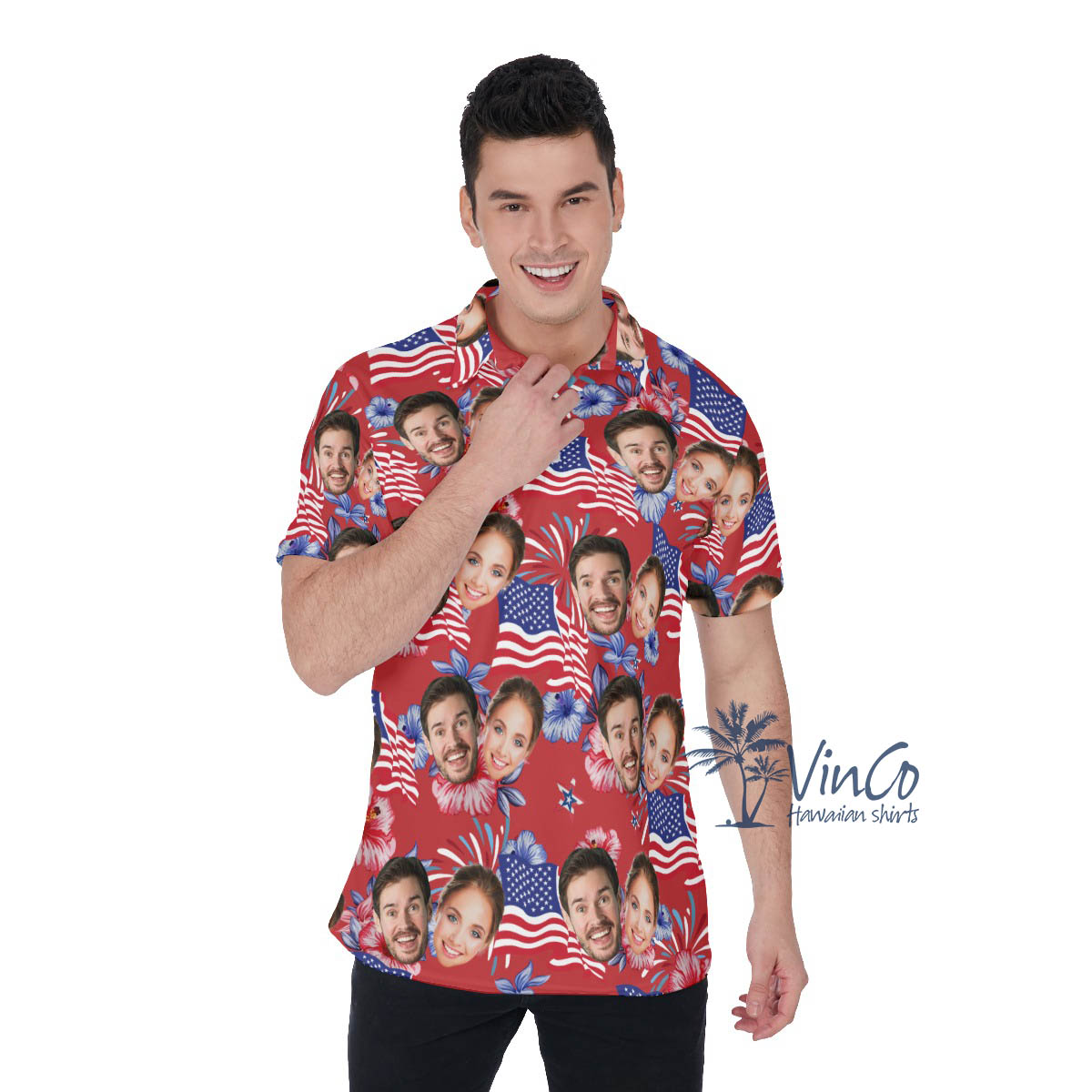 Funny Custom Multiple Face American Flag Red Hawaiian Polo Shirt For Men - variant image 1