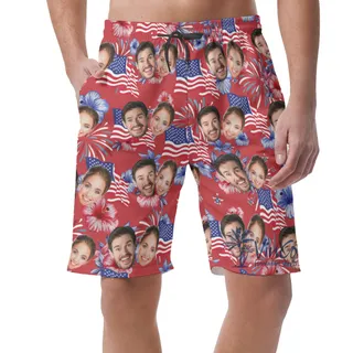 Custom Multiples Faces 4th Of July Hawaiian Beach Shorts For Men