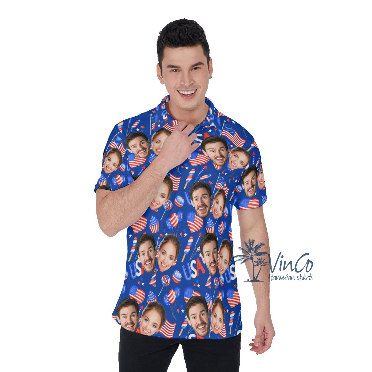 4th Of July Custom Face Couples Hawaiian Polo Shirt For Men - variant image 1