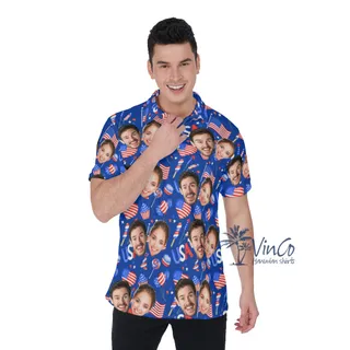 4th Of July Custom Face Couples Hawaiian Polo Shirt For Men
