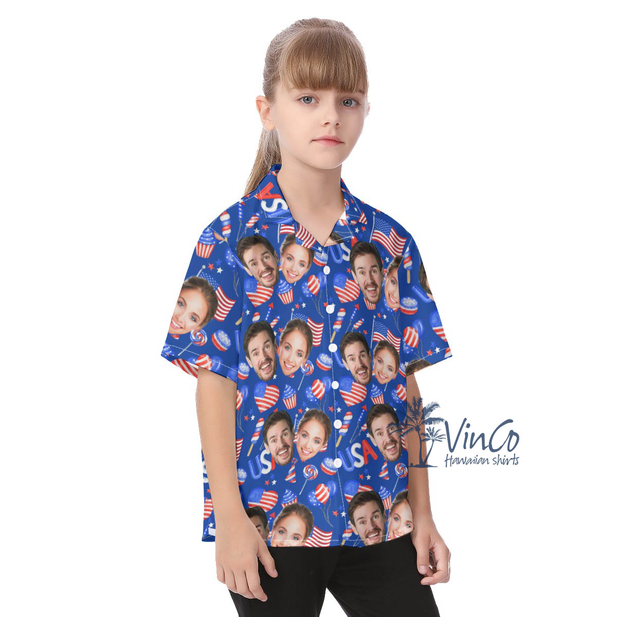 Custom 2 Faces Patriotic American Hawaiian Button Shirt For Kids