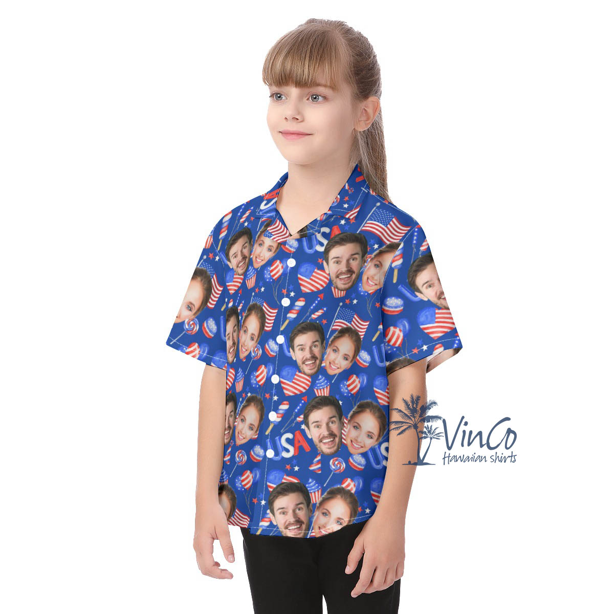 Custom 2 Faces Patriotic American Hawaiian Button Shirt For Kids