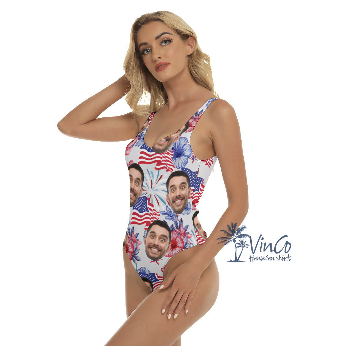 Custom Floral Patriotic Hawaiian Swimsuit With Face