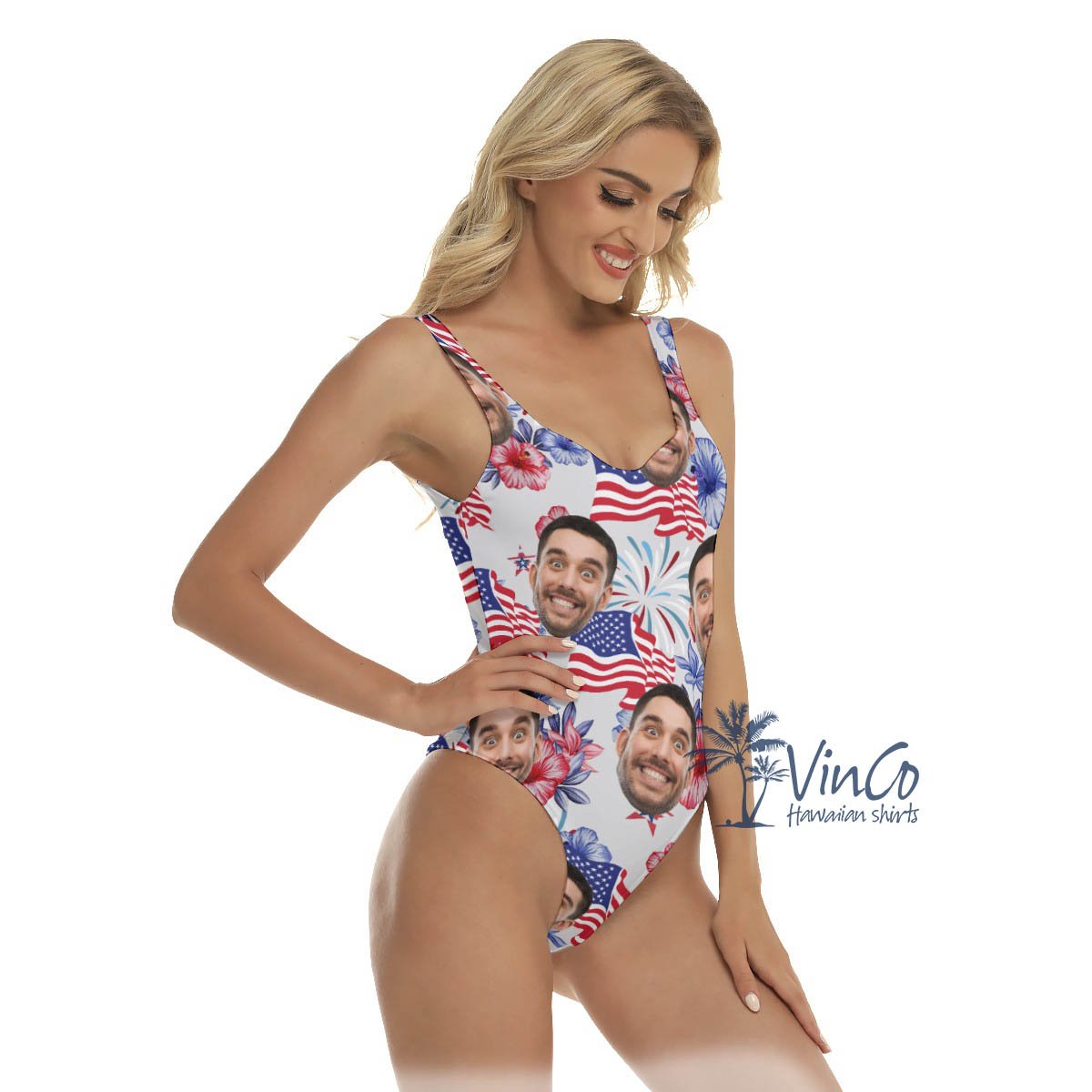 Custom Floral Patriotic Hawaiian Swimsuit With Face