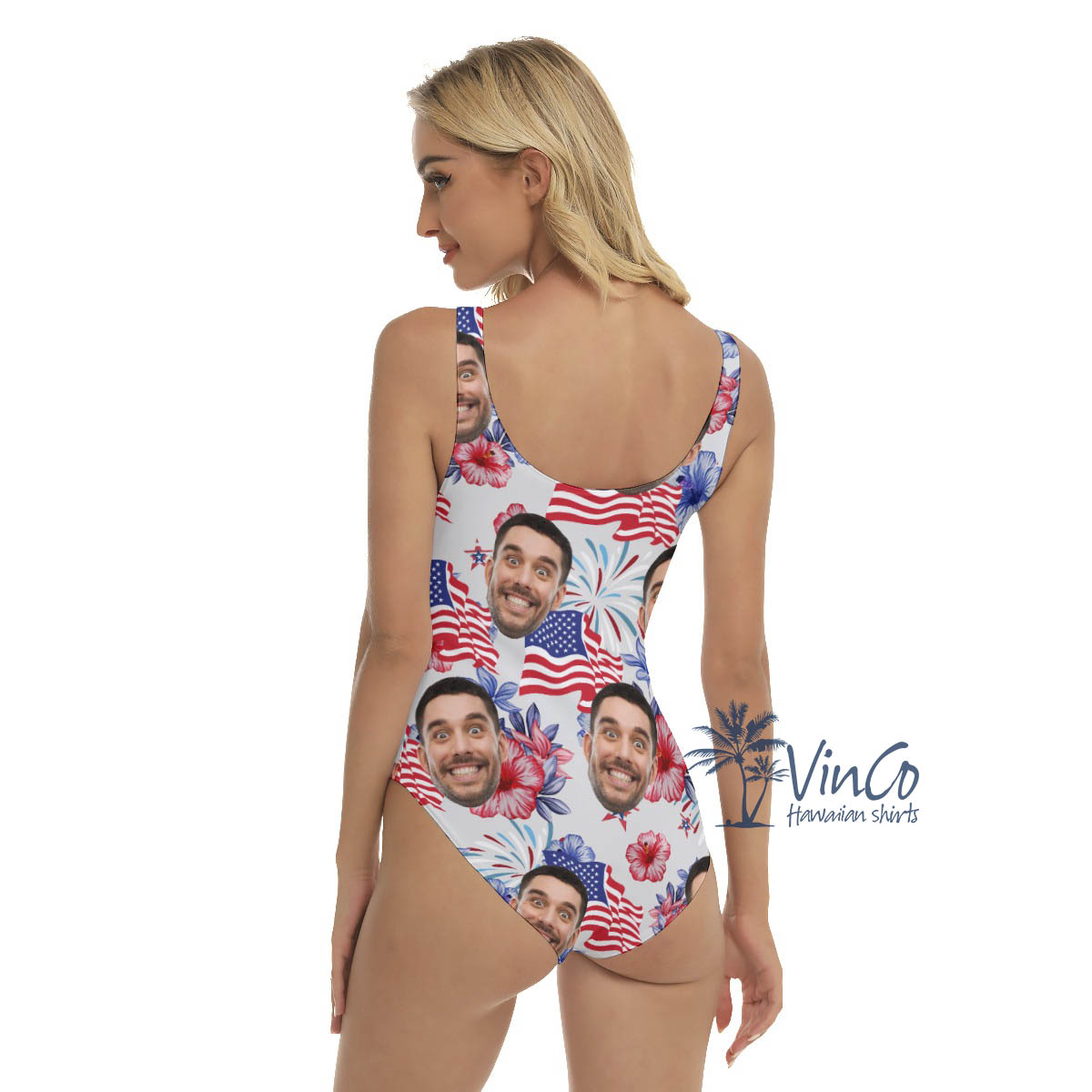 Custom Floral Patriotic Hawaiian Swimsuit With Face