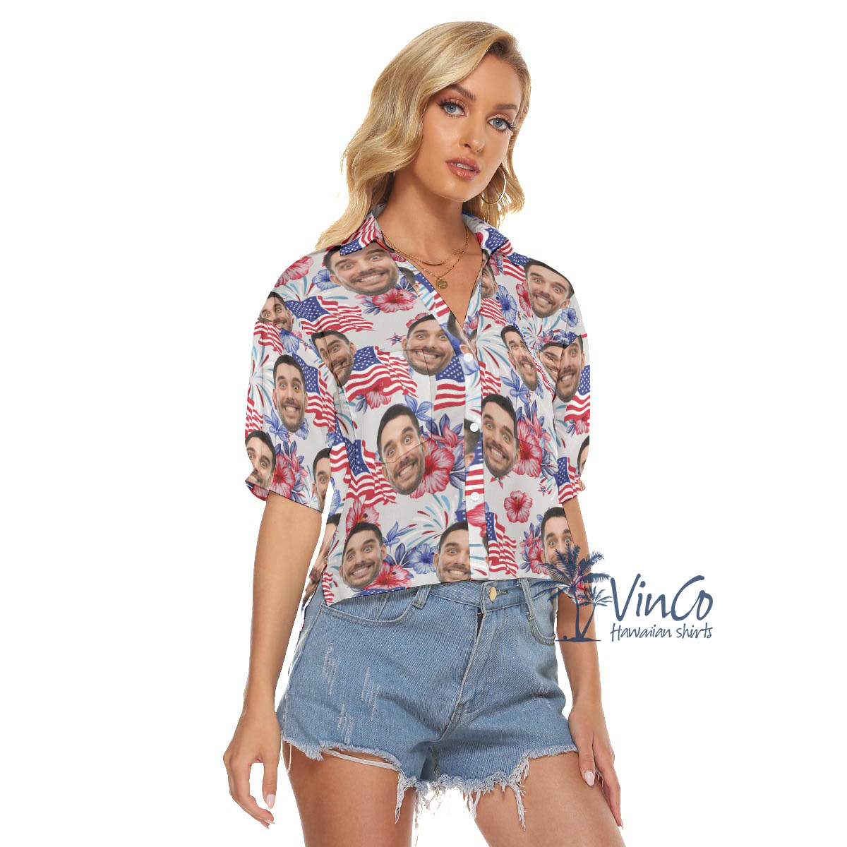 4th Of July Floral Custom Face Hawaiian Crop Top Shirt For Women