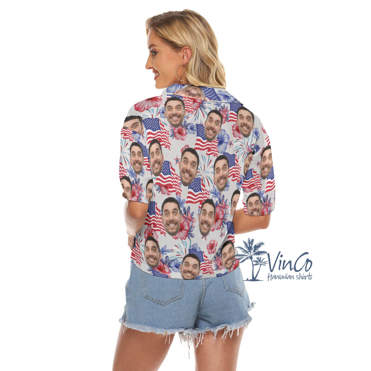 4th Of July Floral Custom Face Hawaiian Crop Top Shirt For Women