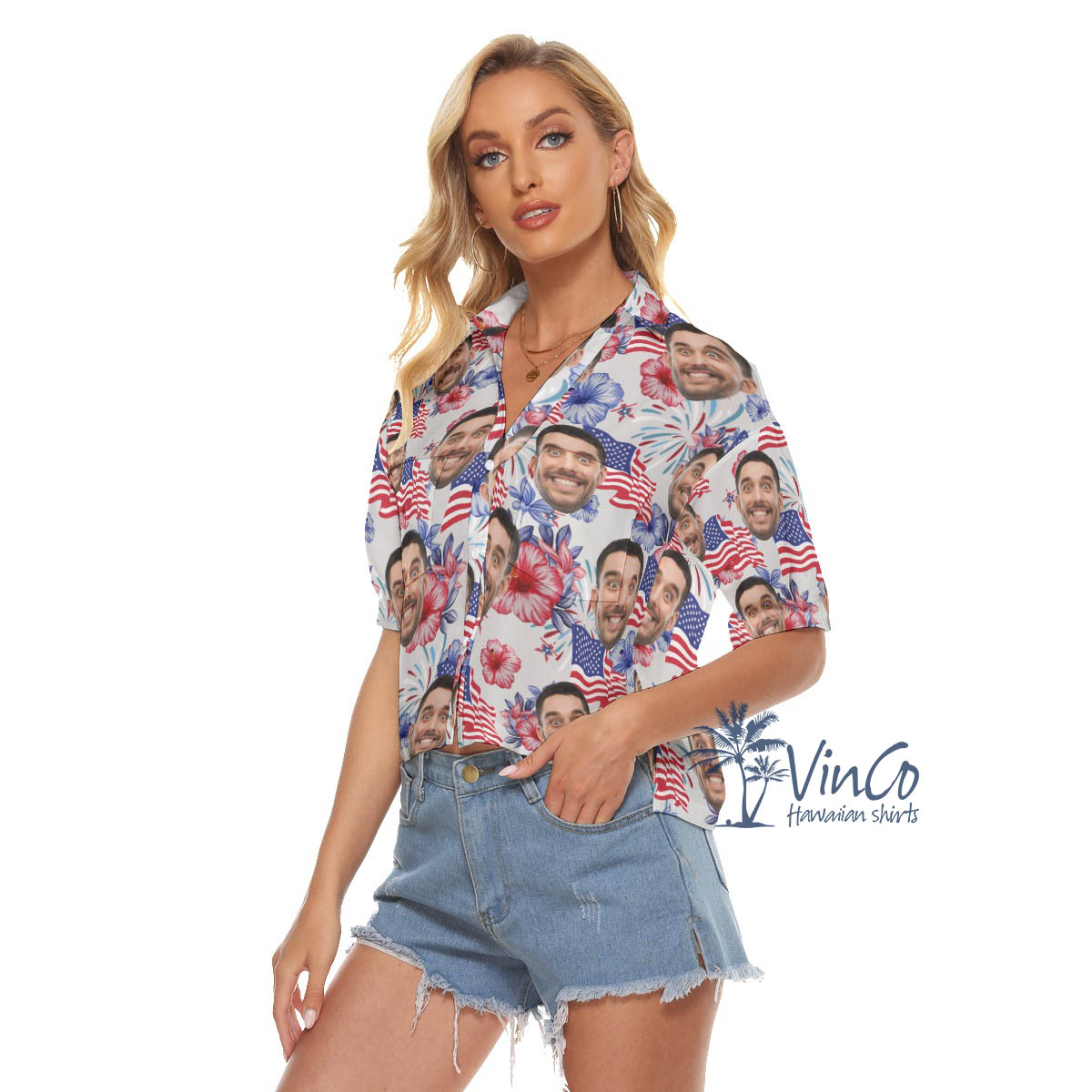 4th Of July Floral Custom Face Hawaiian Crop Top Shirt For Women