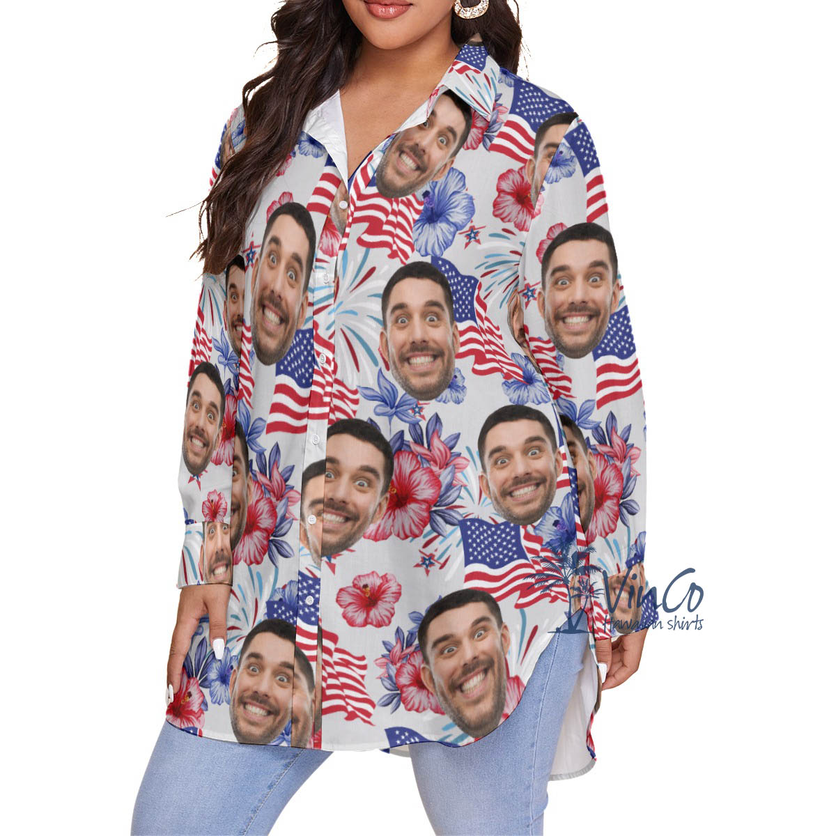 American Flag Custom Face Floral Plus Size Hawaiian Shirt For Women