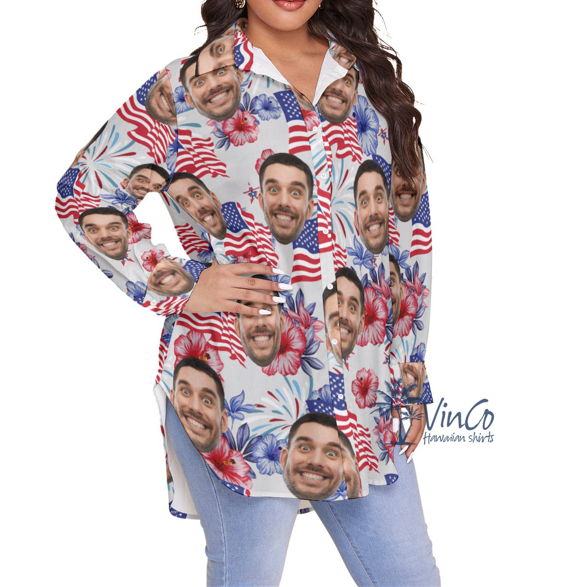 American Flag Custom Face Floral Plus Size Hawaiian Shirt For Women