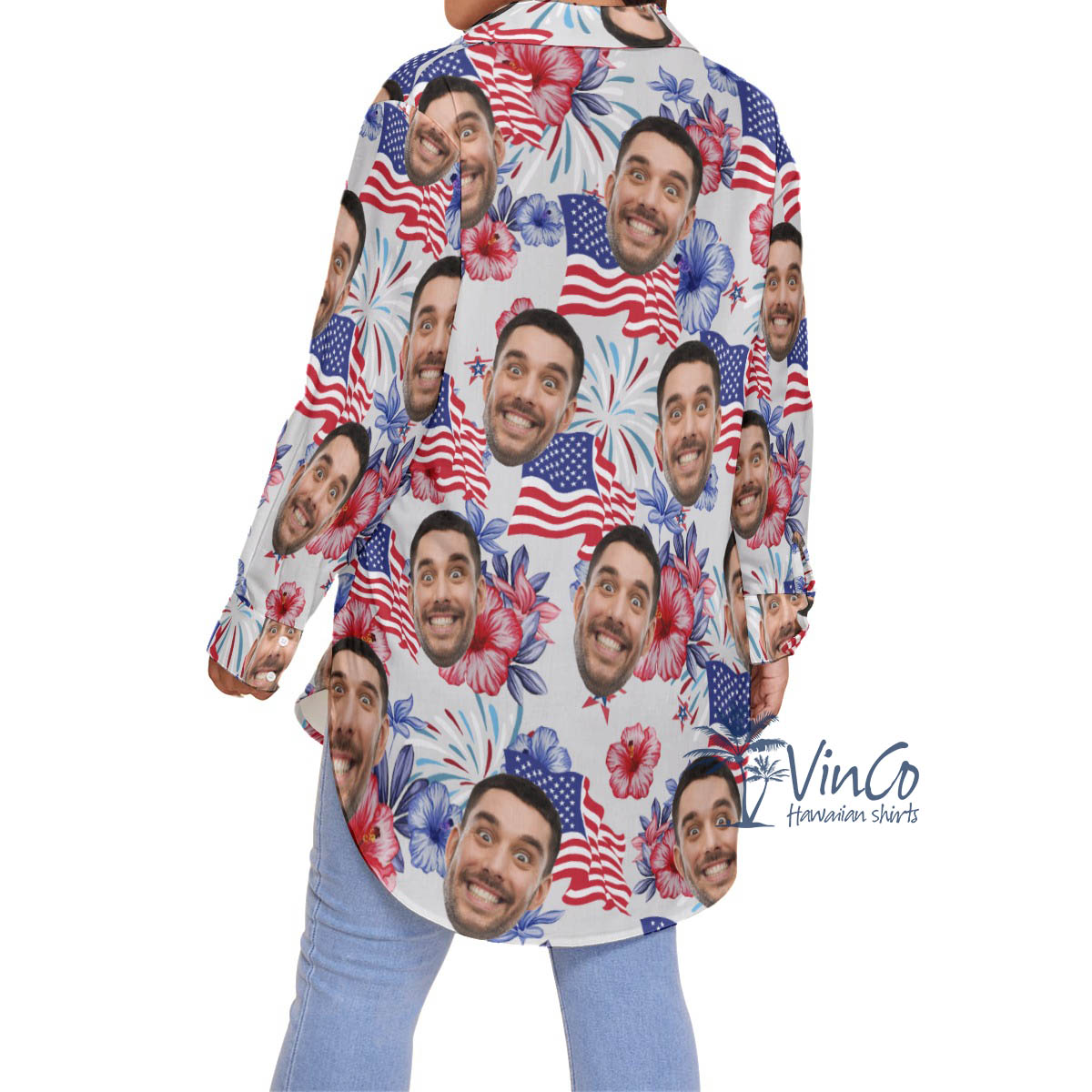 American Flag Custom Face Floral Plus Size Hawaiian Shirt For Women