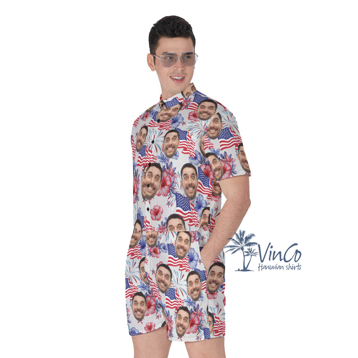 Funny Custom Face 4th Of July Floral Hawaiian Romper For Men