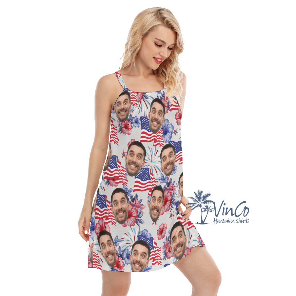 4th Of July Floral Hawaiian Dress With Custom Face