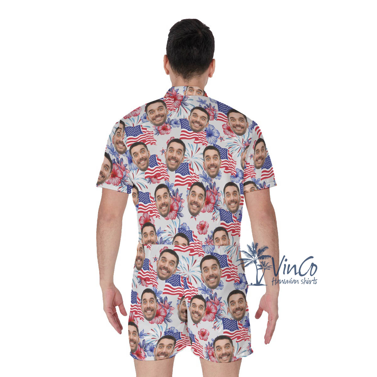 Funny Custom Face 4th Of July Floral Hawaiian Romper For Men