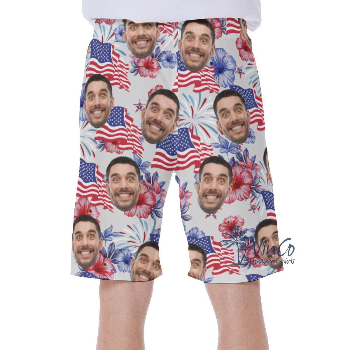 American Flag Custom Face Patriotic Hawaiian Swim Trunks For Men