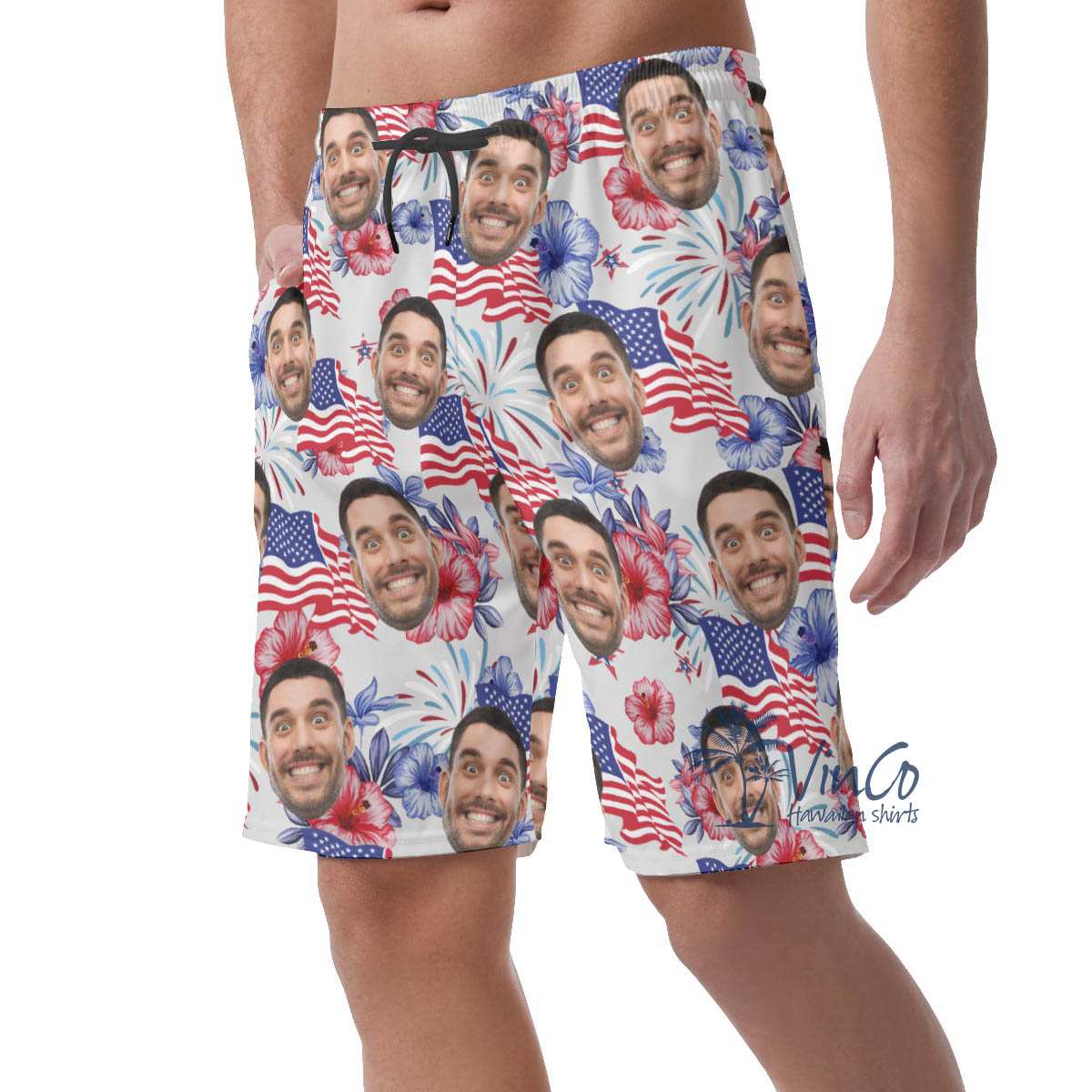 Funny Custom Face Patriotic Hawaiian Beach Shorts For Men