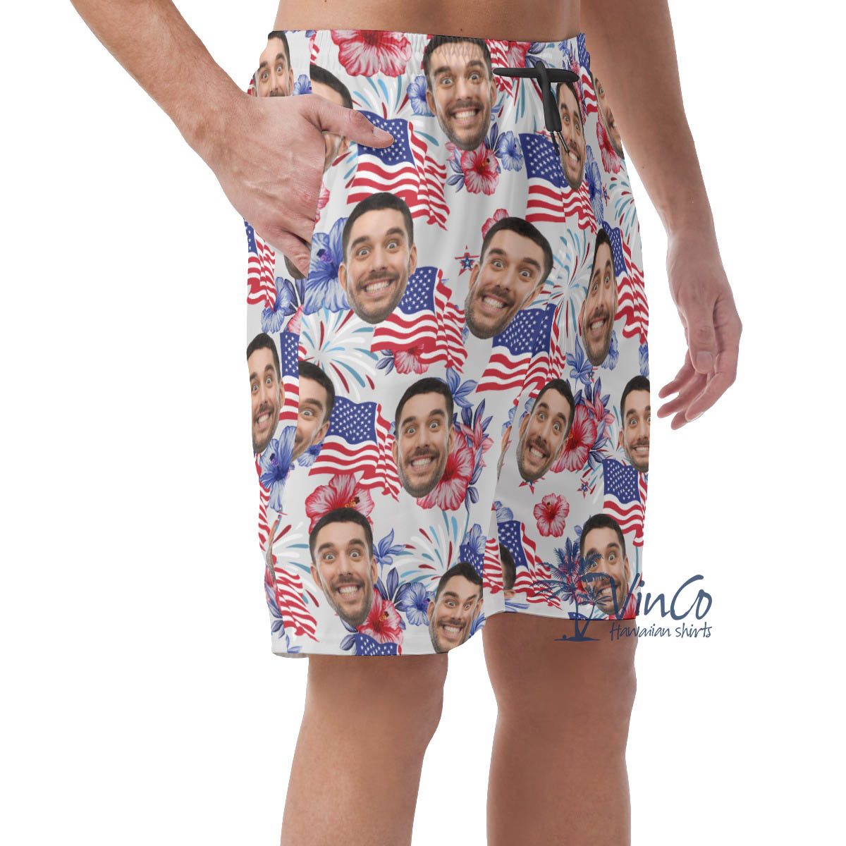 Funny Custom Face Patriotic Hawaiian Beach Shorts For Men