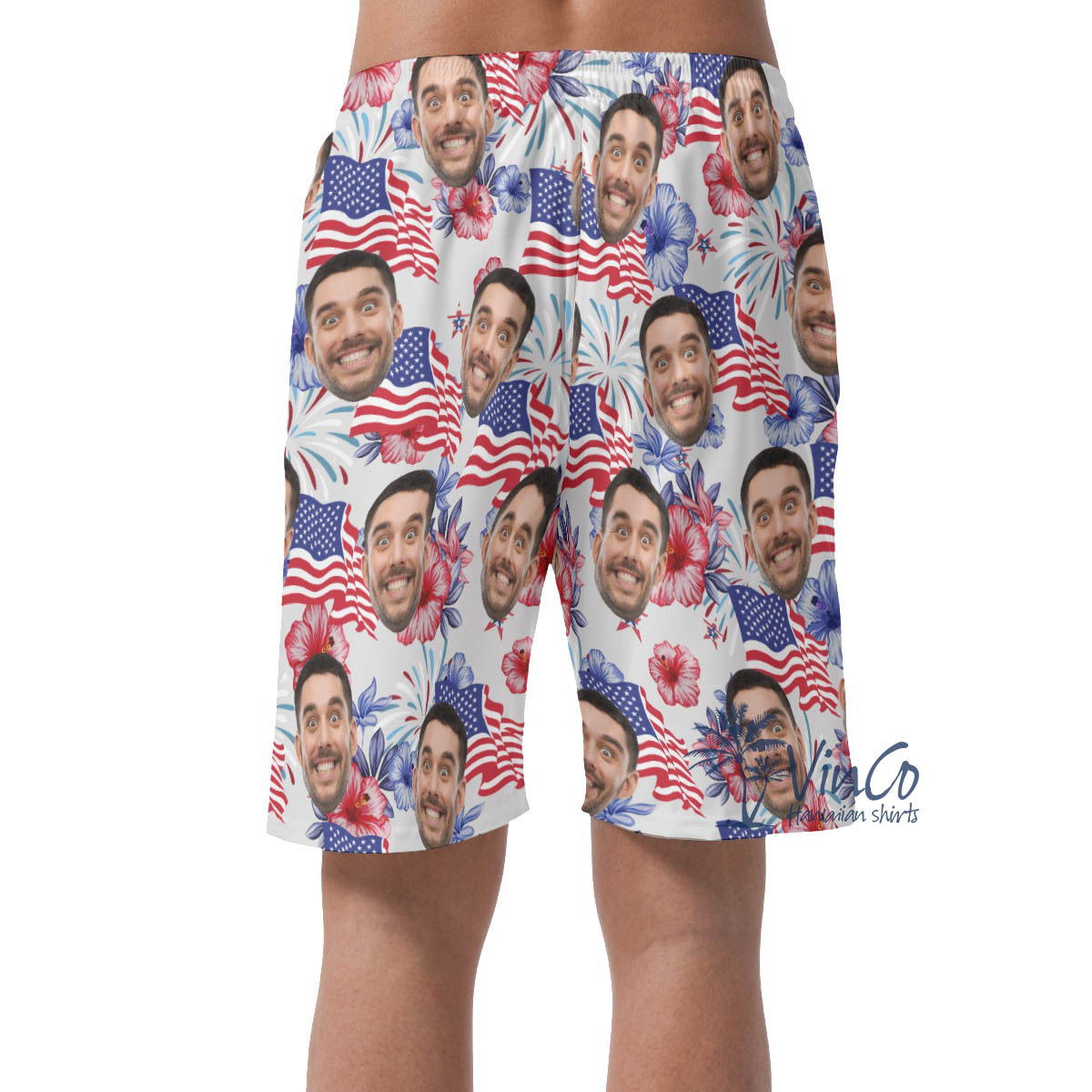 Funny Custom Face Patriotic Hawaiian Beach Shorts For Men