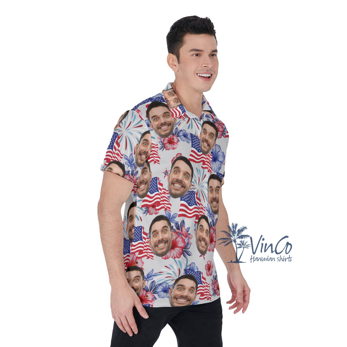 American Flag Floral Custom Face Hawaiian Polo Shirt For Men
