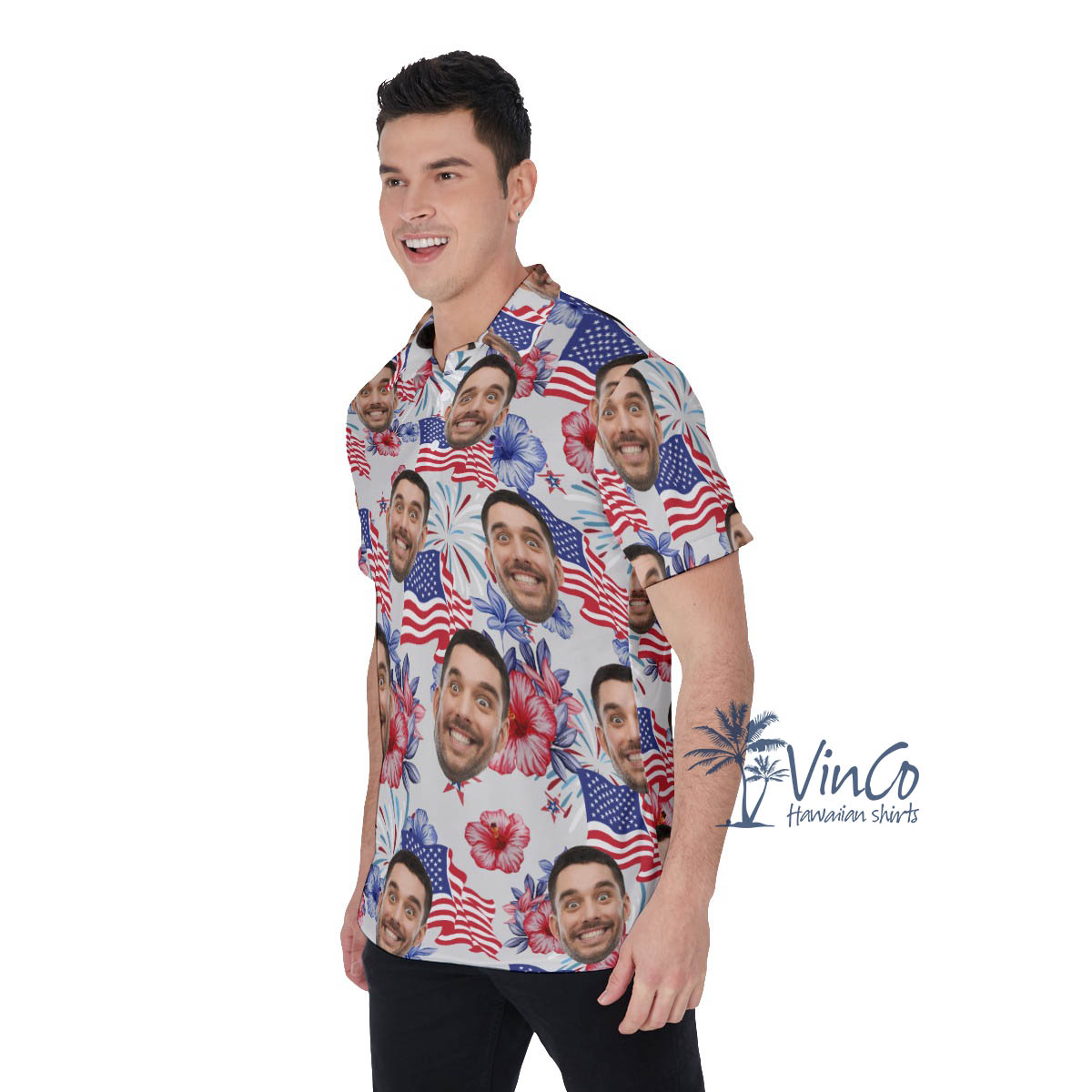 American Flag Floral Custom Face Hawaiian Polo Shirt For Men