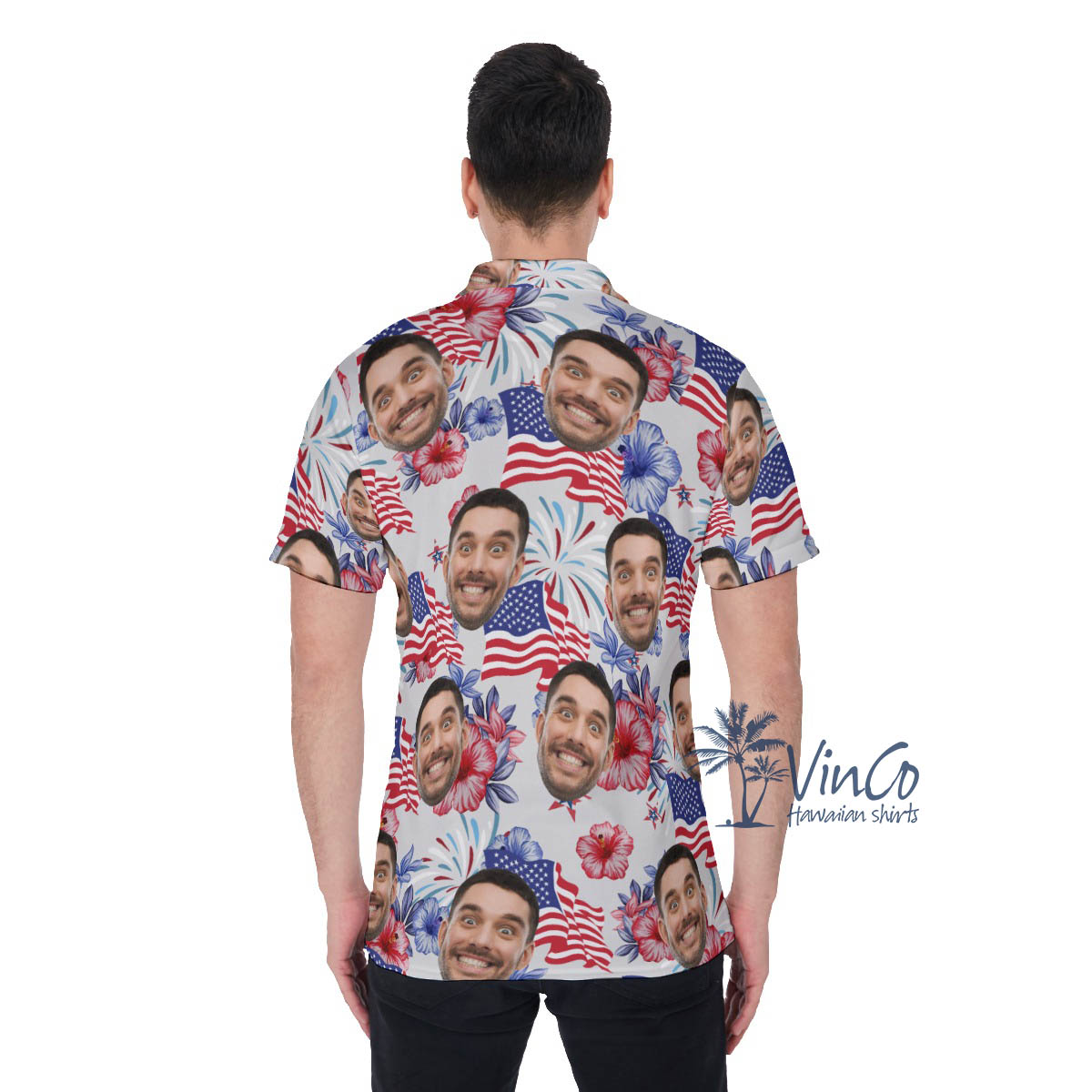 American Flag Floral Custom Face Hawaiian Polo Shirt For Men