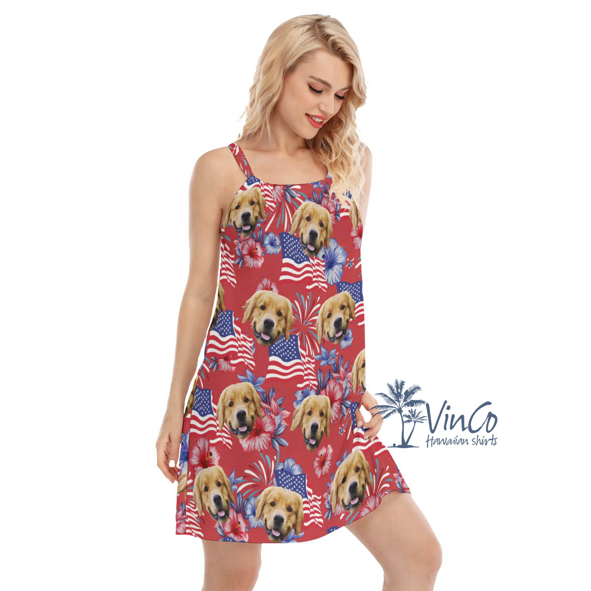 Funny Custom Dog Face American Flag Hawaiian Dresses For Women