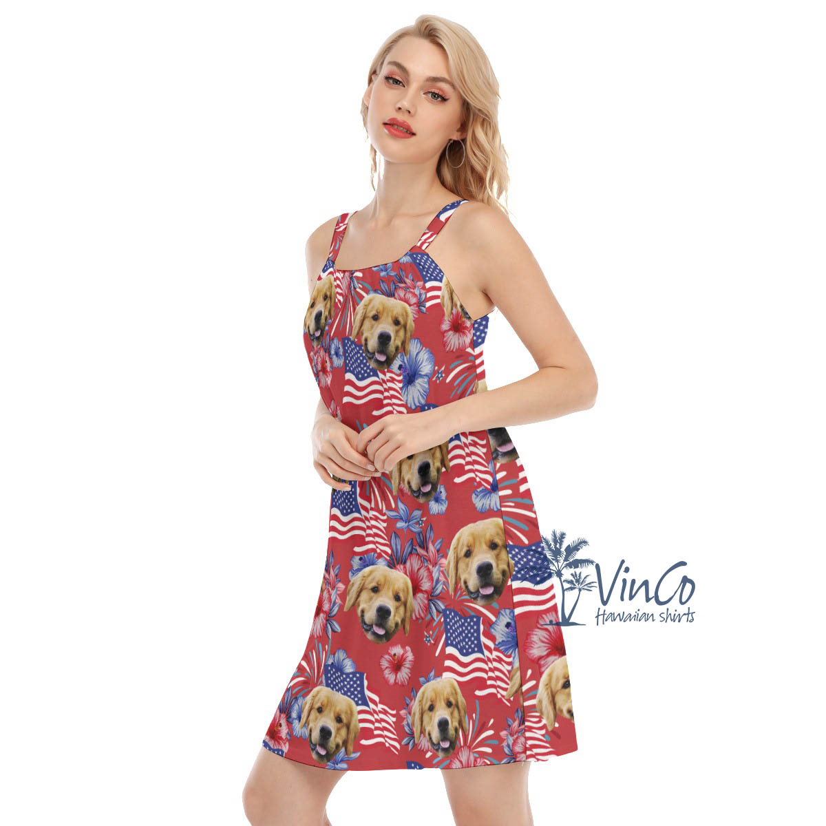 Funny Custom Dog Face American Flag Hawaiian Dresses For Women