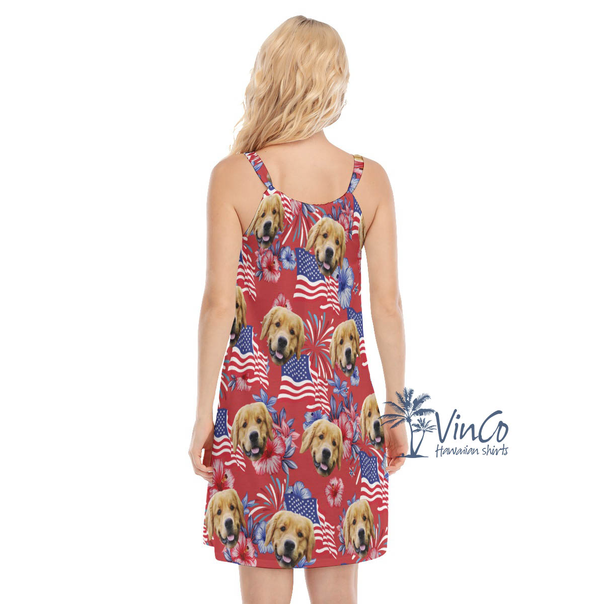 Funny Custom Dog Face American Flag Hawaiian Dresses For Women