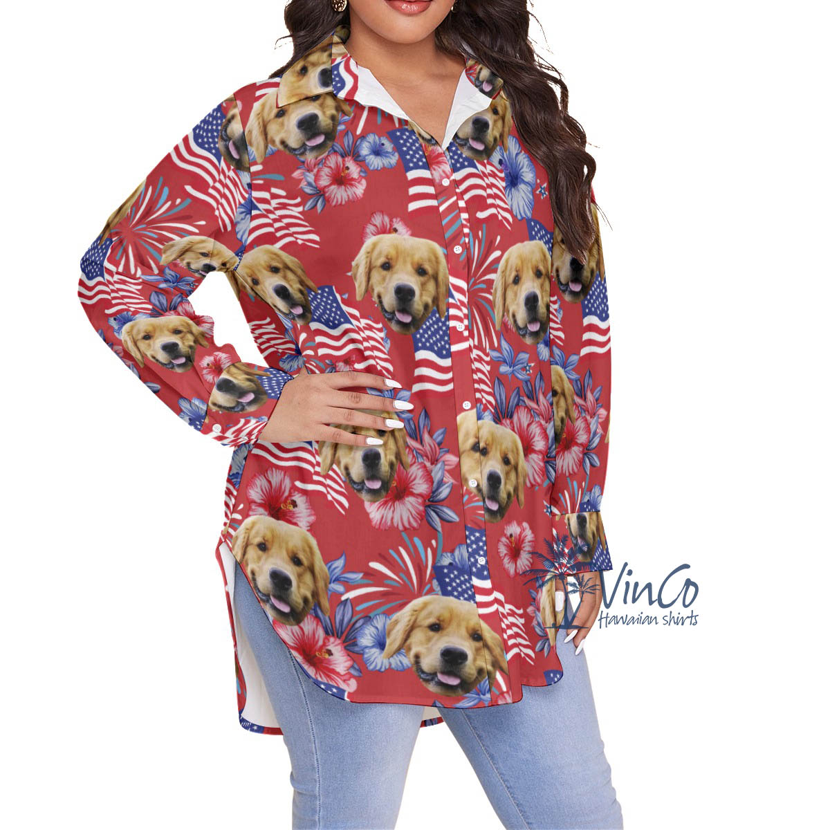 American Flag Floral Plus Size Hawaiian Shirt With Custom Dog Face