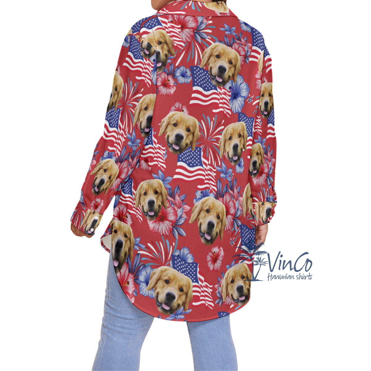 American Flag Floral Plus Size Hawaiian Shirt With Custom Dog Face