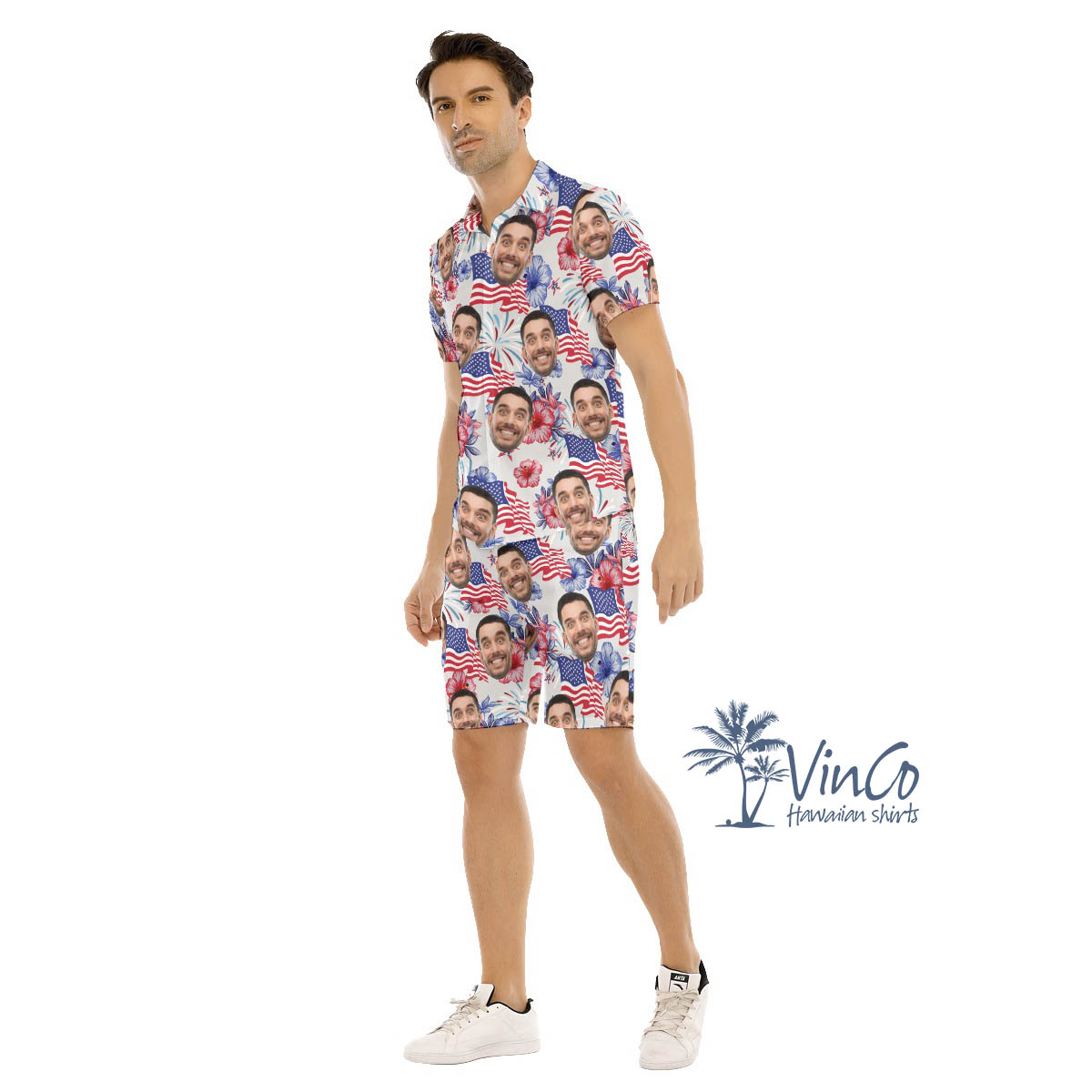 Set Patriotic Floral Hawaiian Shirt And Shorts With Custom Face For Men