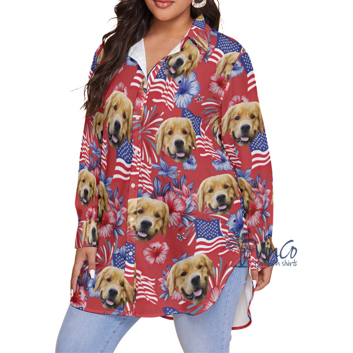 American Flag Floral Plus Size Hawaiian Shirt With Custom Dog Face