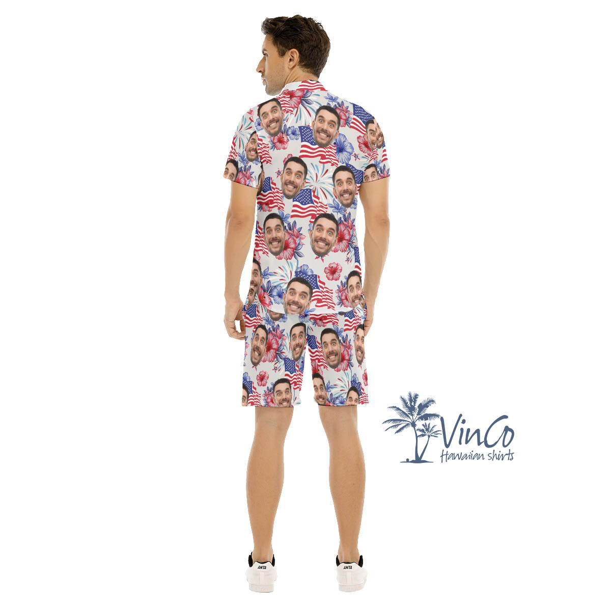 Set Patriotic Floral Hawaiian Shirt And Shorts With Custom Face For Men