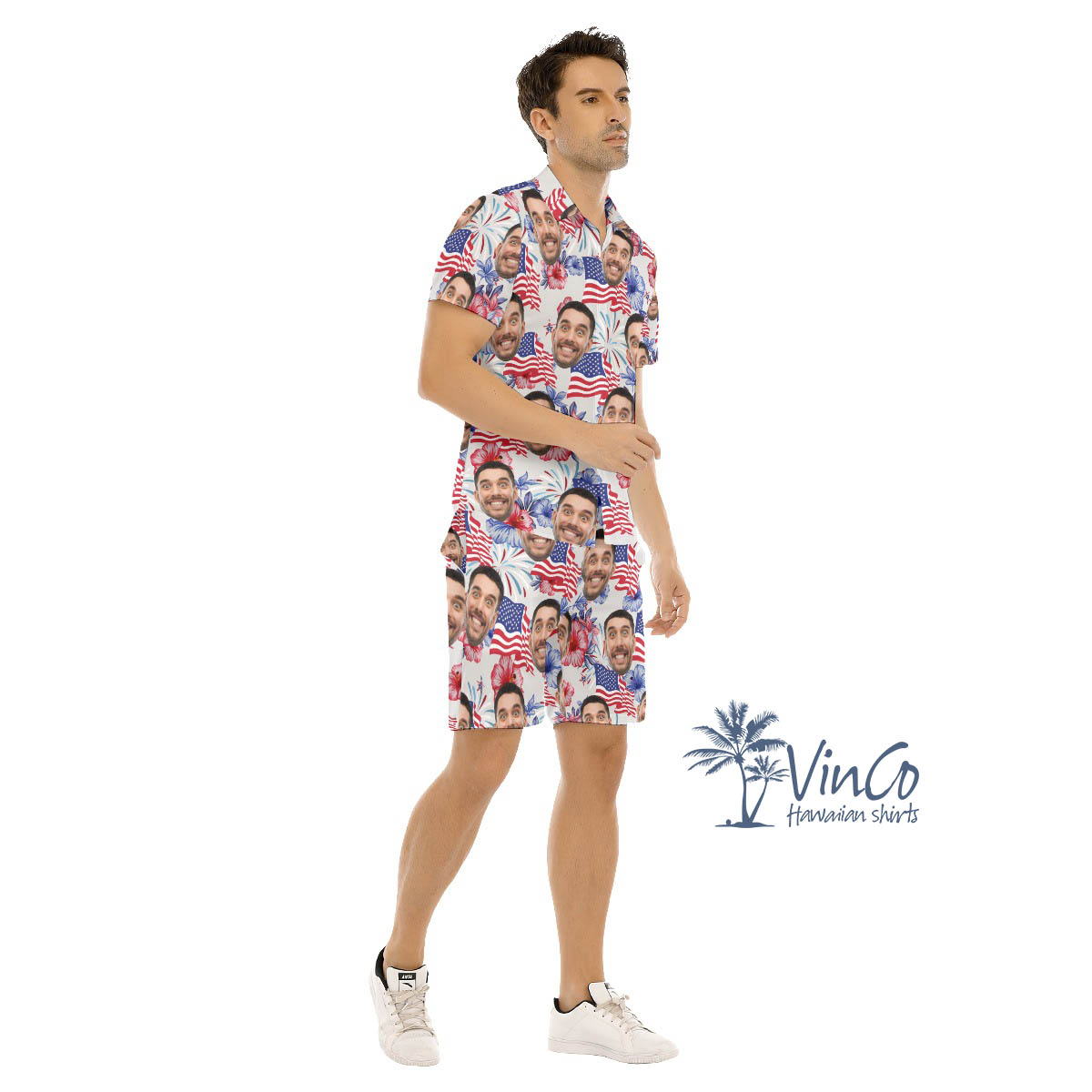 Set Patriotic Floral Hawaiian Shirt And Shorts With Custom Face For Men
