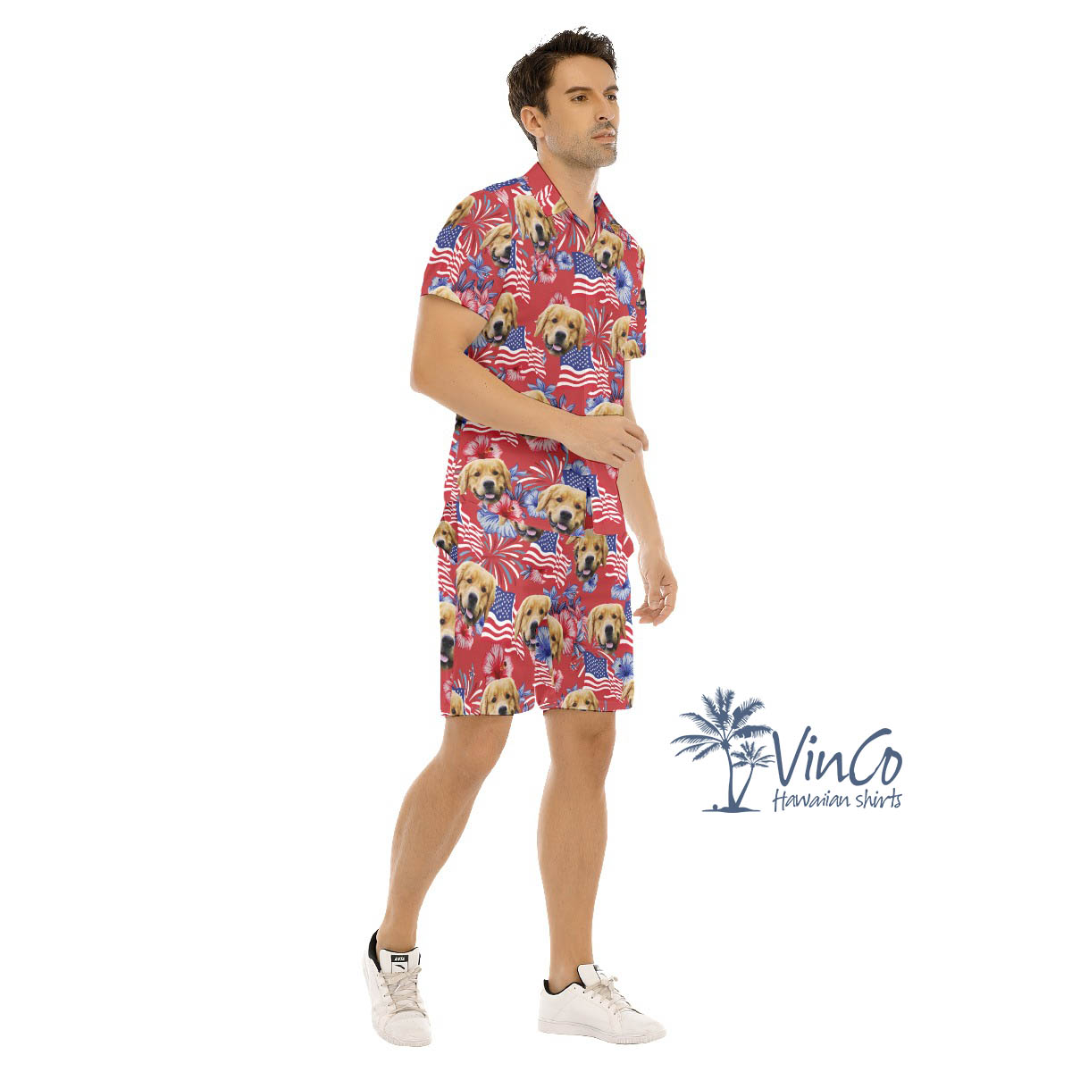 4th Of July Custom Dog Face Red Hawaiian Shirt And Matching Shorts For Men