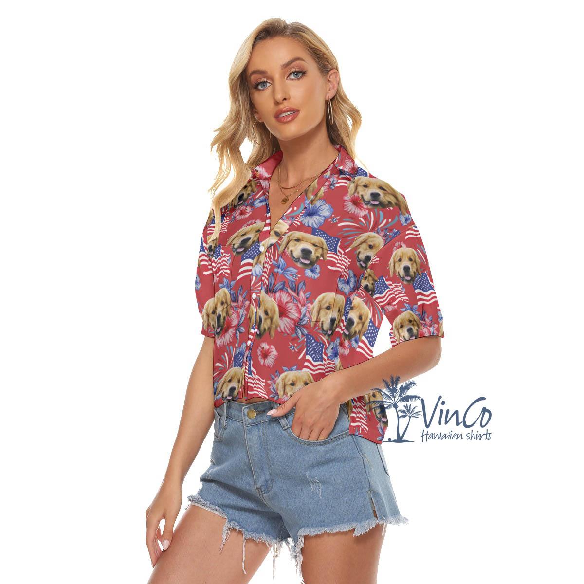 Funny Custom Dog Face 4th Of July Floral Red Aloha Crop Top Shirt For Women