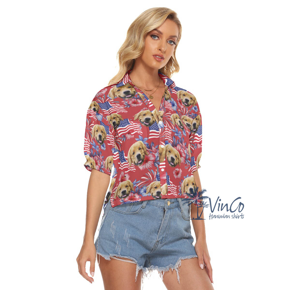 Funny Custom Dog Face 4th Of July Floral Red Aloha Crop Top Shirt For Women